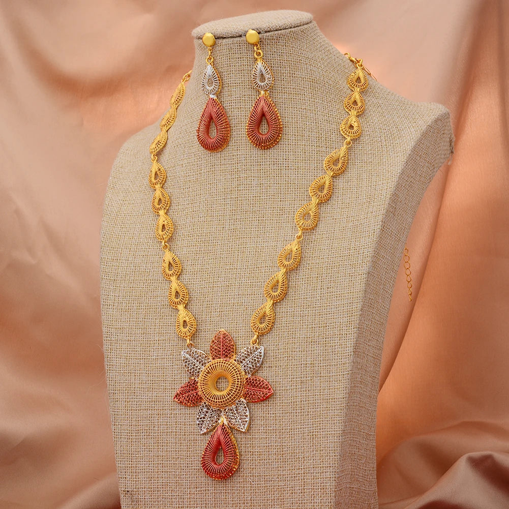 Dubai Gold Color Jewelry Set For Women Wedding Gift Young Lady Accessories Copper Light Weight Jewelry set