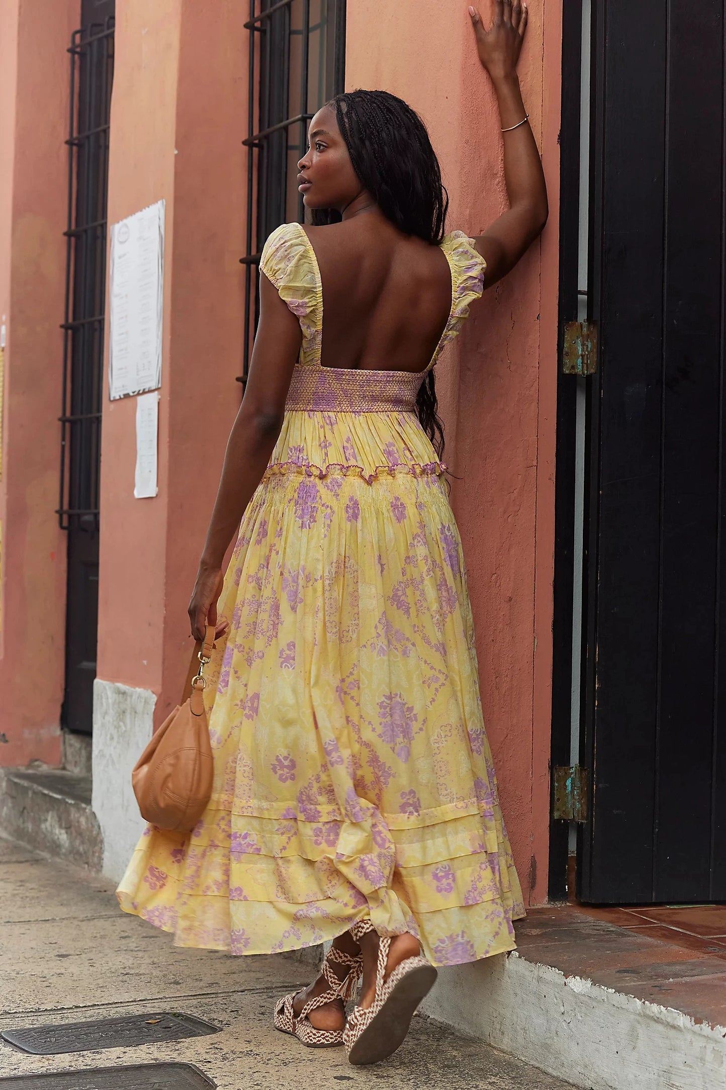 Bohemian Summer Women Floral Printed Long Dress Square Neck Tiered Bottom Piecing Big Swing A-line Dress Holiday Beach Sundress