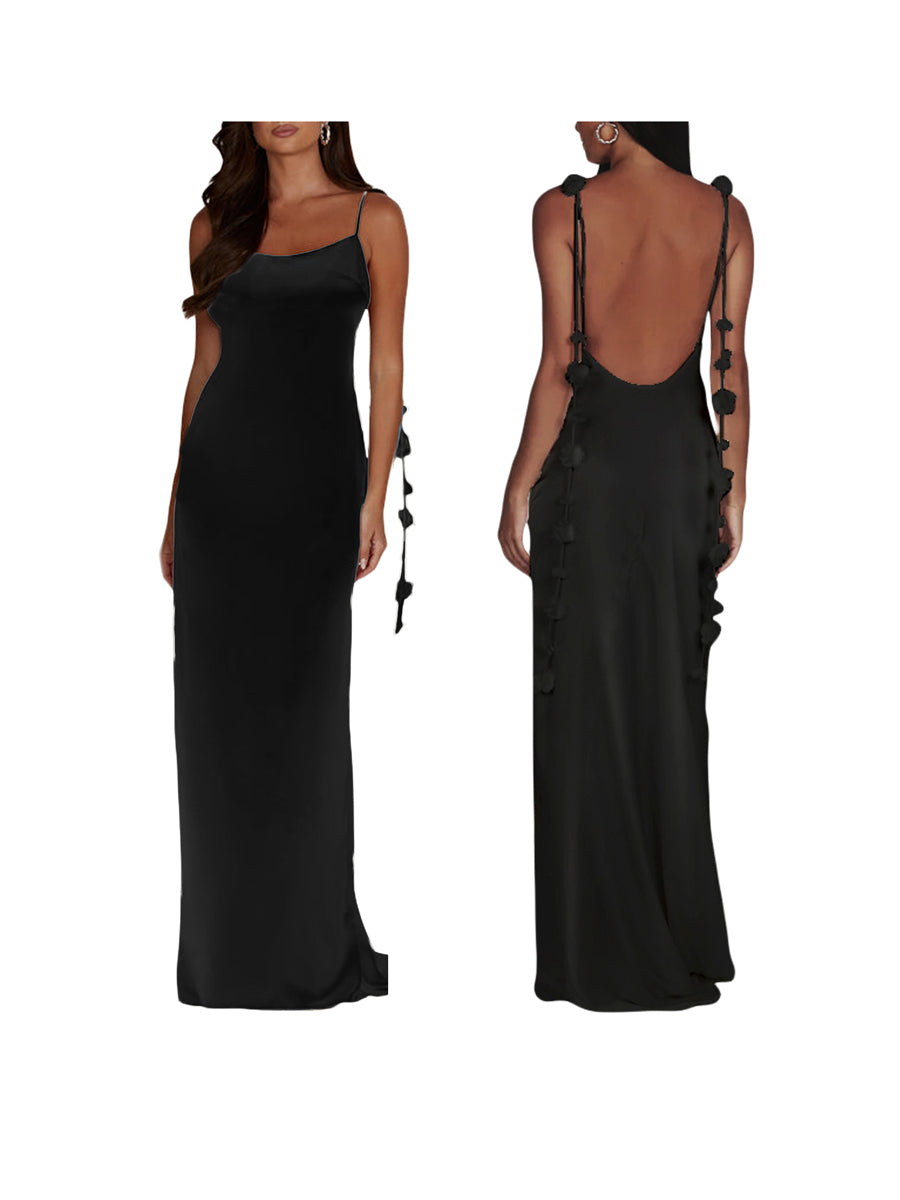 Puloru Elegant Flower Tassel Backless Long Dress Women Sleeveless Sling Wrap Party Pencil Dress Vintage Evening Night Vestidos