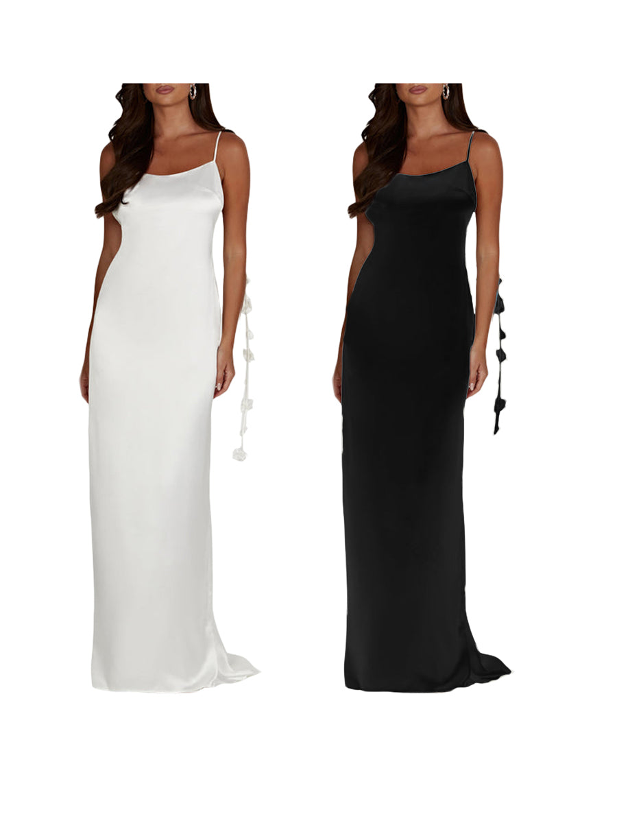 Puloru Elegant Flower Tassel Backless Long Dress Women Sleeveless Sling Wrap Party Pencil Dress Vintage Evening Night Vestidos