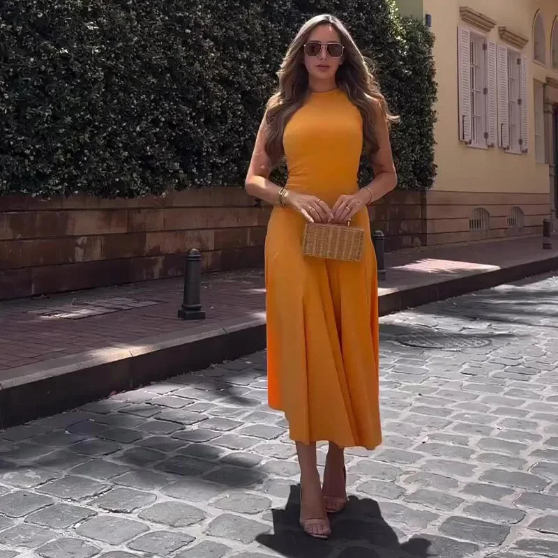 Slim Pleated Zipper Long Dress Women Elegant O-neck Sleeveless High Waist A-line Dresses 2024 New Female Fashion Party Vestidos