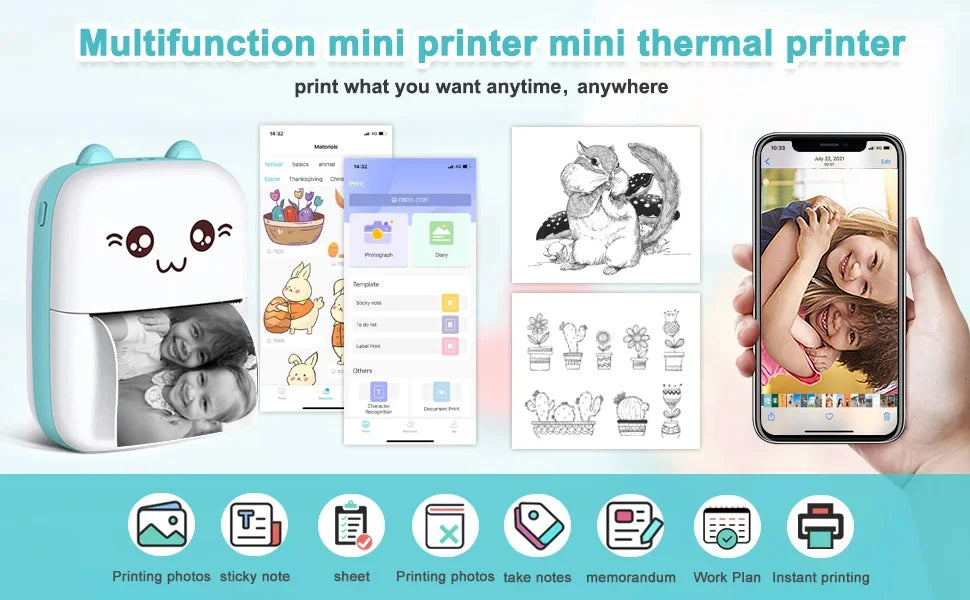 Mini 58mm Thermal Portable Printer BT Wireless 200dpi Mobile Label Photo Memo Wrong Question Printing USB Cable For Home No Ink