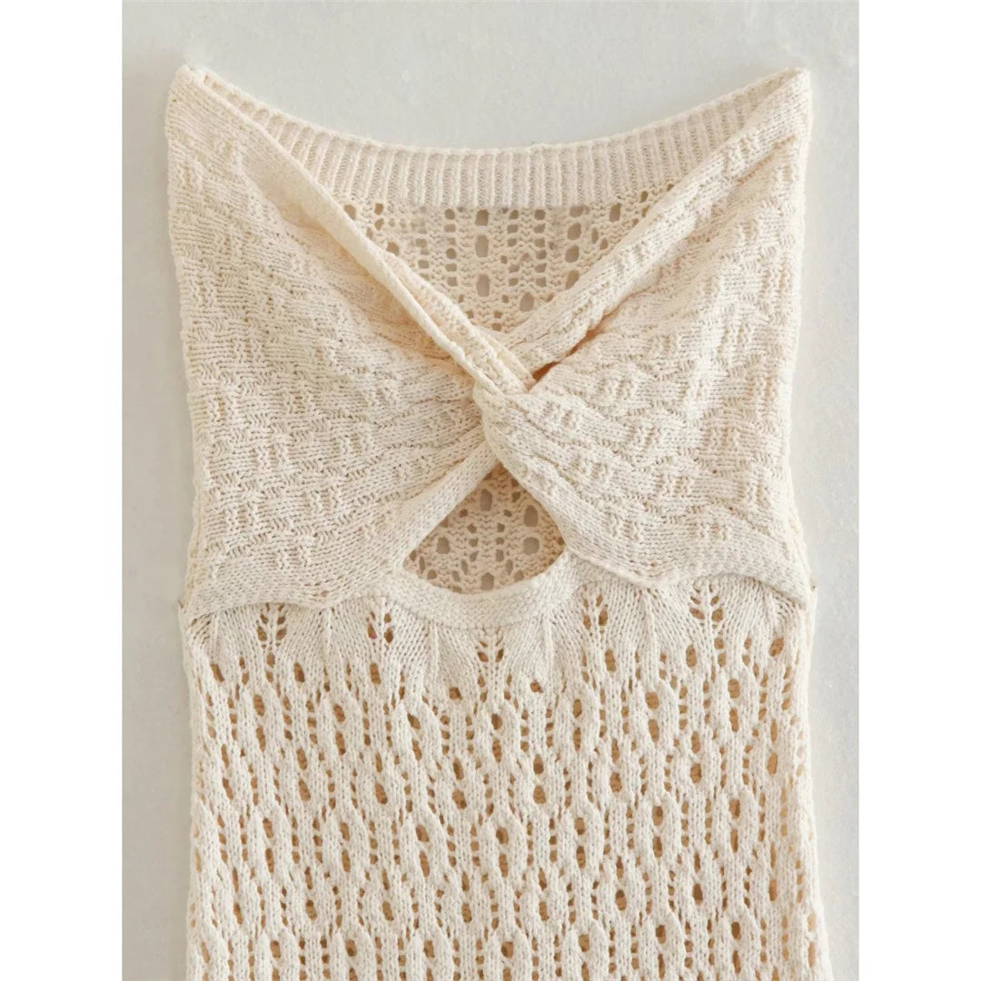 Sexy Fashion Bandeau Hollow Out Crochet Knitted Long Dress Side Split Tunic Beach Dress Cover Up Beachwear Vestidos DV5321