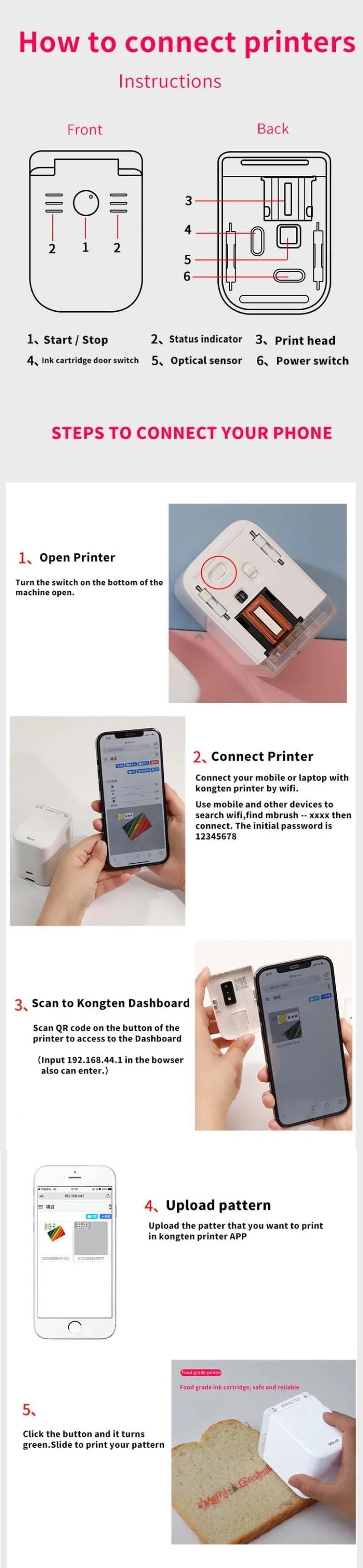 Mbrush Mini Portable Pattern Printer Handheld Color Inkjet Printer Tattoo Printer Cake Macaron Coffee DIY Pattern Printing
