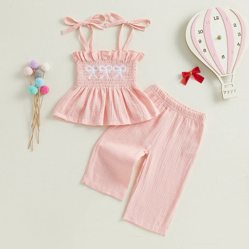 Adorable Toddler Girl Sleeveless Top and Shorts Set with Cute Bow Embroidery Detail - Summer Outfit for Little Princesses