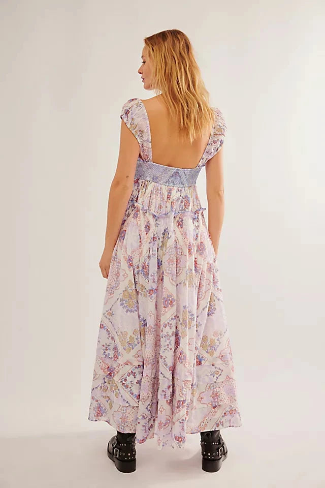 Bohemian Summer Women Floral Printed Long Dress Square Neck Tiered Bottom Piecing Big Swing A-line Dress Holiday Beach Sundress