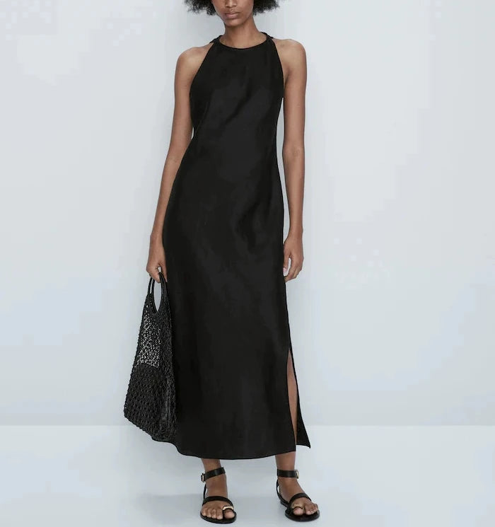 ZBZA Women's New Round Neck Sleeveless Side Slit Long Dress Vintage Chic Halter Neck Slim Midi Dresses Female Pullover Sundress