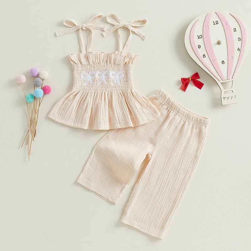 Adorable Toddler Girl Sleeveless Top and Shorts Set with Cute Bow Embroidery Detail - Summer Outfit for Little Princesses