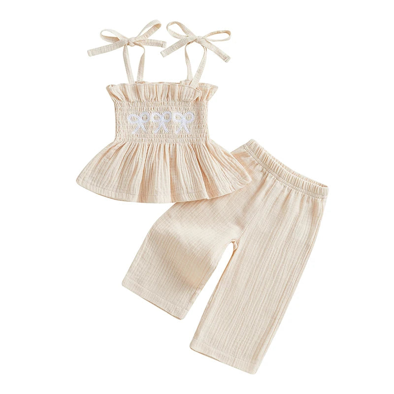 Adorable Toddler Girl Sleeveless Top and Shorts Set with Cute Bow Embroidery Detail - Summer Outfit for Little Princesses
