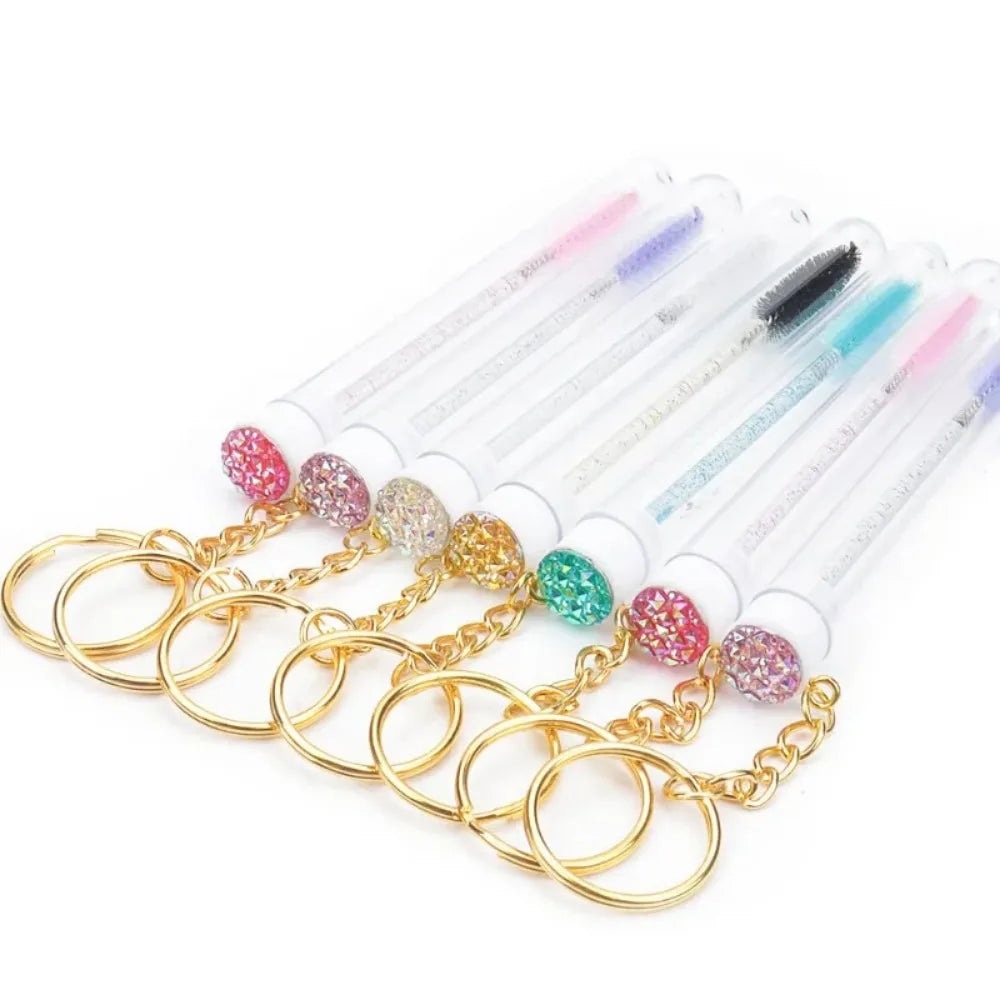 20pcs Keyring Eyelash Spoolies Brush Mascara Wand Tubes with Diamond Key Chain Eyelash Extension Makeup Tools