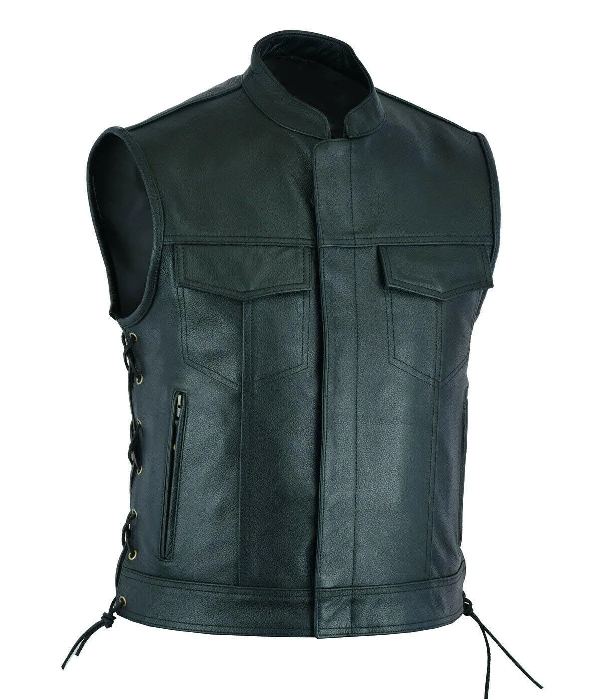 Men's Leather Vest V-neck Single Breasted Zippered Short Sleeveless Top for Men