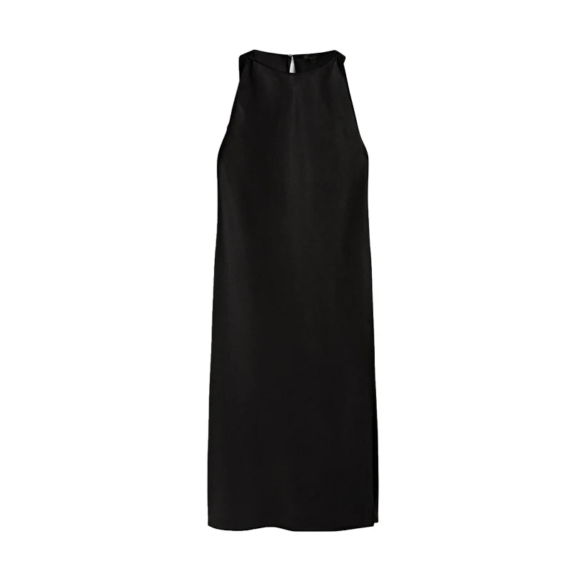 ZBZA Women's New Round Neck Sleeveless Side Slit Long Dress Vintage Chic Halter Neck Slim Midi Dresses Female Pullover Sundress