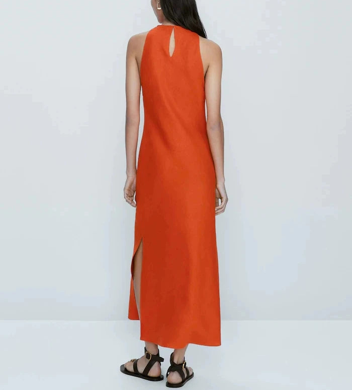 ZBZA Women's New Round Neck Sleeveless Side Slit Long Dress Vintage Chic Halter Neck Slim Midi Dresses Female Pullover Sundress