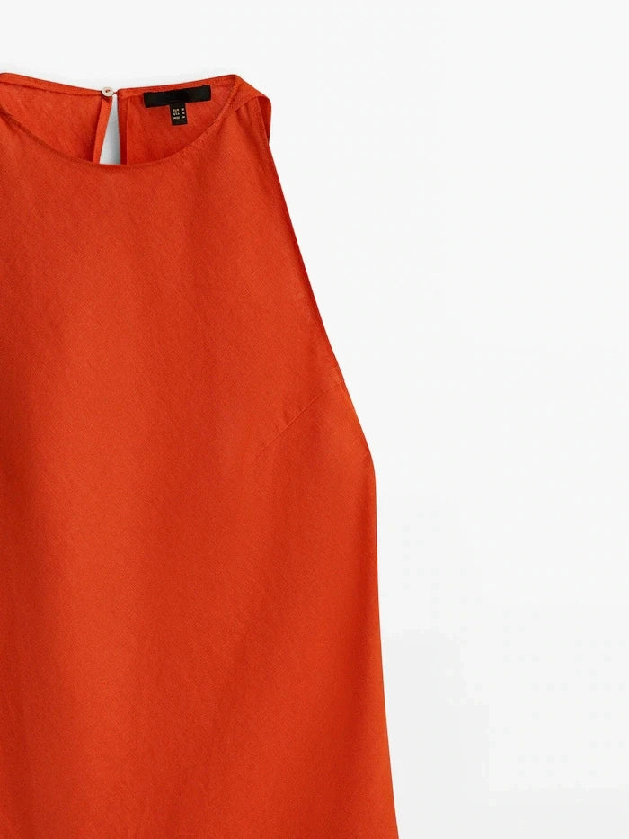 ZBZA Women's New Round Neck Sleeveless Side Slit Long Dress Vintage Chic Halter Neck Slim Midi Dresses Female Pullover Sundress
