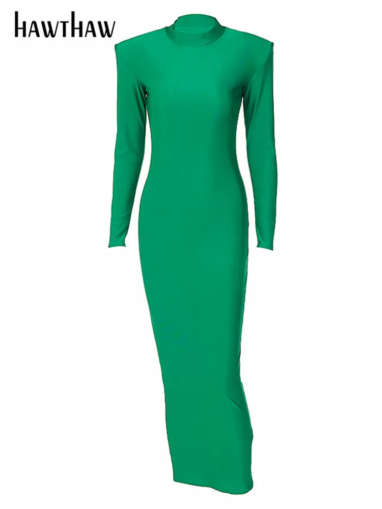 Hawthaw Shoulder Padded Long Sleeve Bodycon Green Party Club Maxi Long Dress 2022 Spring Autumn Women Fashion Elegant Clothes