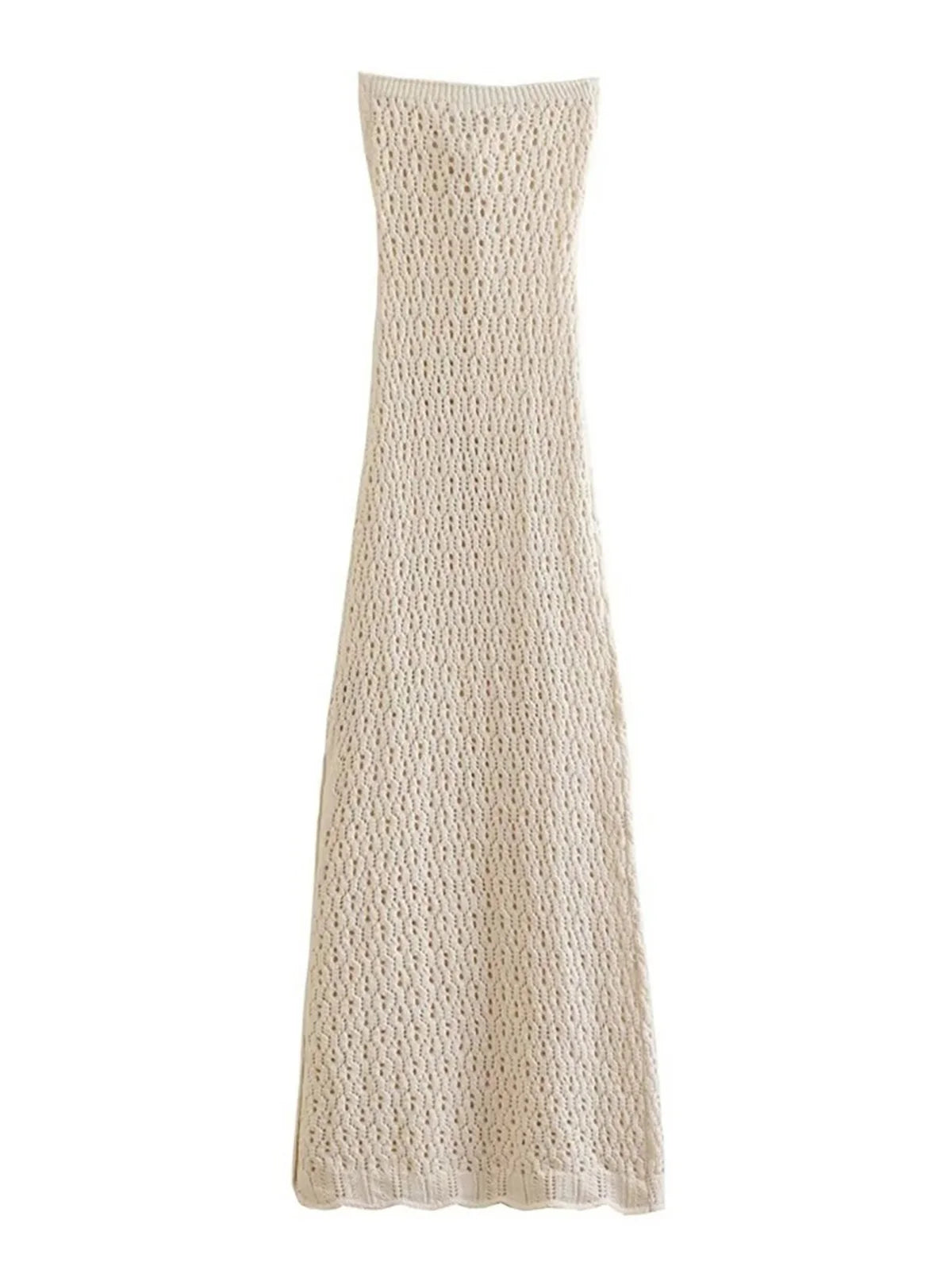 Sexy Fashion Bandeau Hollow Out Crochet Knitted Long Dress Side Split Tunic Beach Dress Cover Up Beachwear Vestidos DV5321
