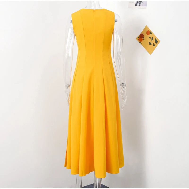 Slim Pleated Zipper Long Dress Women Elegant O-neck Sleeveless High Waist A-line Dresses 2024 New Female Fashion Party Vestidos