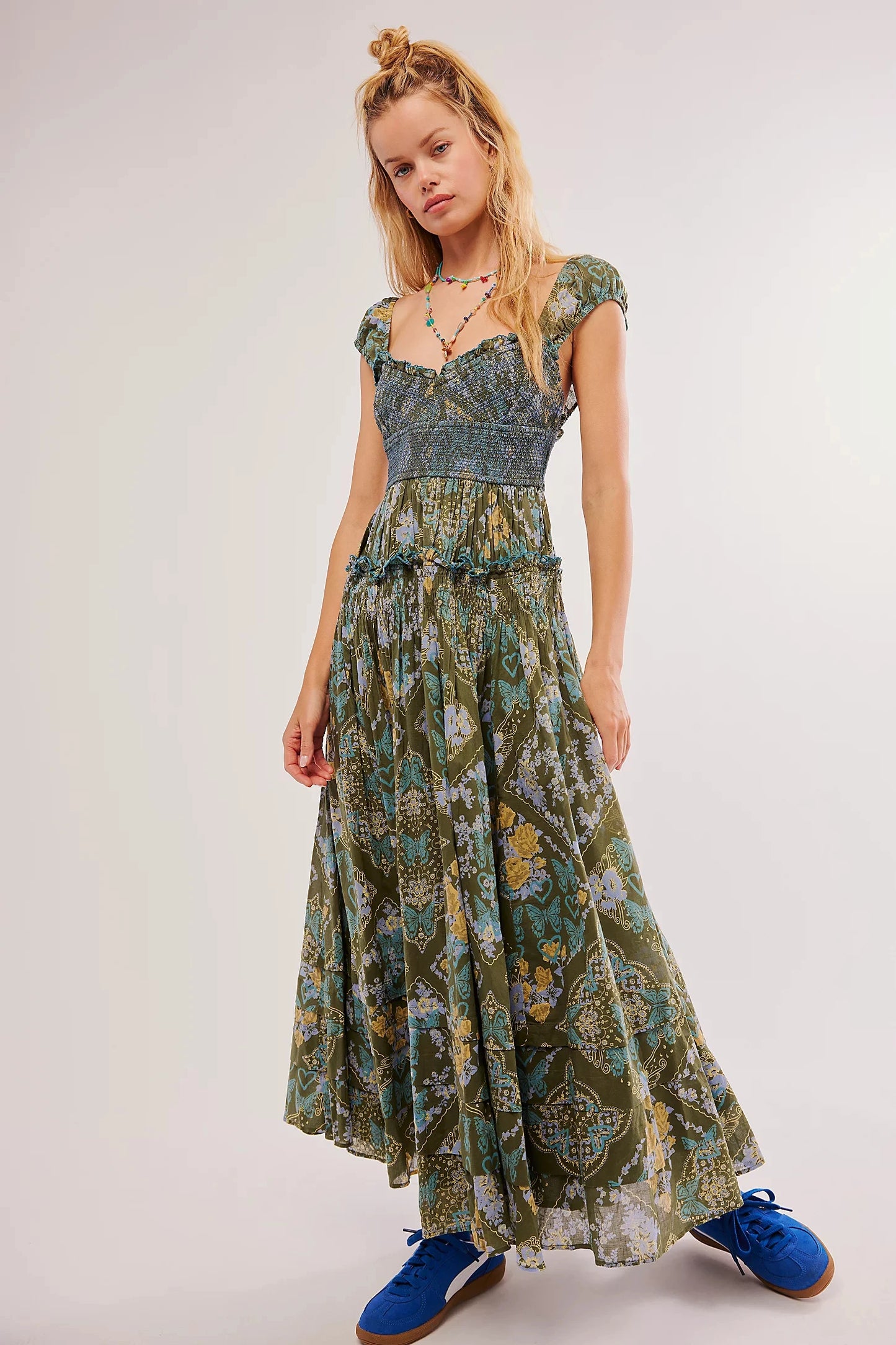 Bohemian Summer Women Floral Printed Long Dress Square Neck Tiered Bottom Piecing Big Swing A-line Dress Holiday Beach Sundress
