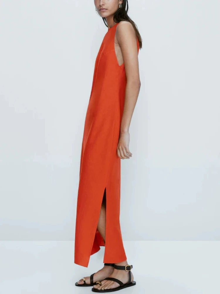 ZBZA Women's New Round Neck Sleeveless Side Slit Long Dress Vintage Chic Halter Neck Slim Midi Dresses Female Pullover Sundress