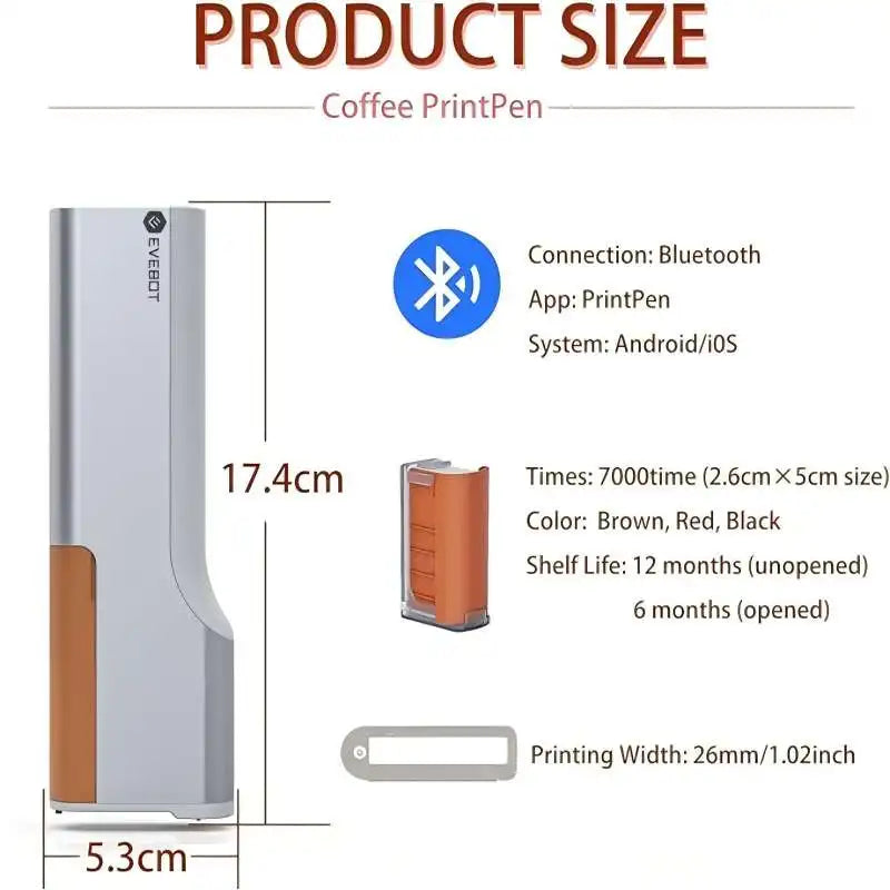 Coffee Latte Inkjet Printer Handheld EVEBOT Printpen Print Size 26*1000 MM DIY Custom Printing With Auxiliary Ruler for Cafes