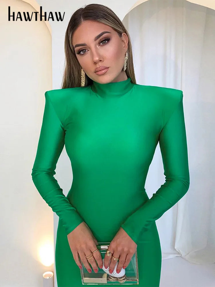 Hawthaw Shoulder Padded Long Sleeve Bodycon Green Party Club Maxi Long Dress 2022 Spring Autumn Women Fashion Elegant Clothes