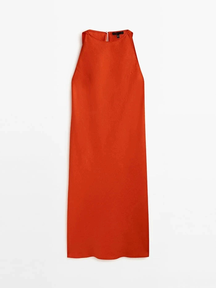 ZBZA Women's New Round Neck Sleeveless Side Slit Long Dress Vintage Chic Halter Neck Slim Midi Dresses Female Pullover Sundress