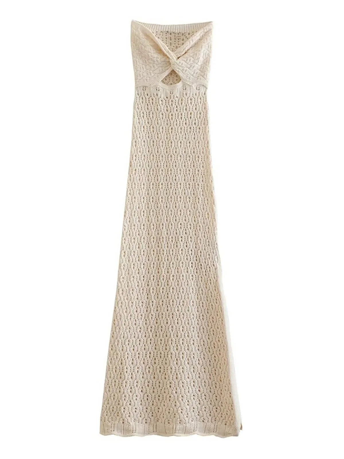 Sexy Fashion Bandeau Hollow Out Crochet Knitted Long Dress Side Split Tunic Beach Dress Cover Up Beachwear Vestidos DV5321