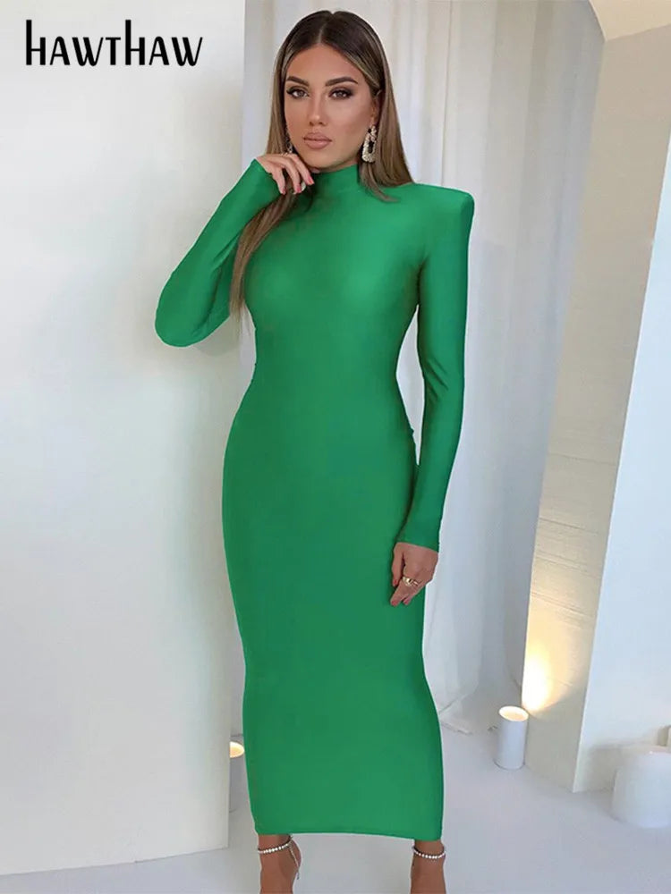 Hawthaw Shoulder Padded Long Sleeve Bodycon Green Party Club Maxi Long Dress 2022 Spring Autumn Women Fashion Elegant Clothes