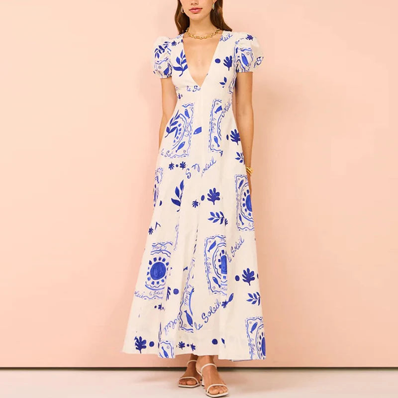 Women V Neck Pattern Print Long Dress Elegant Puff Sleeve High Waist Temperament Party Dress New Cotton Linen Big Hem Slim Dress