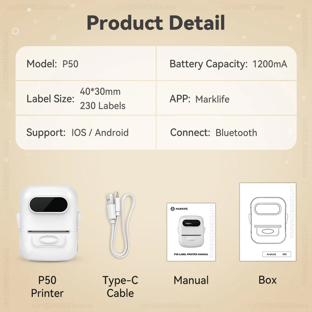 P50 Mini Portable Thermal Label Printer Similar as B1 B21 Marklife P50 E210 M110 Label Maker DIY Pattern Barcode QR Code Sticker