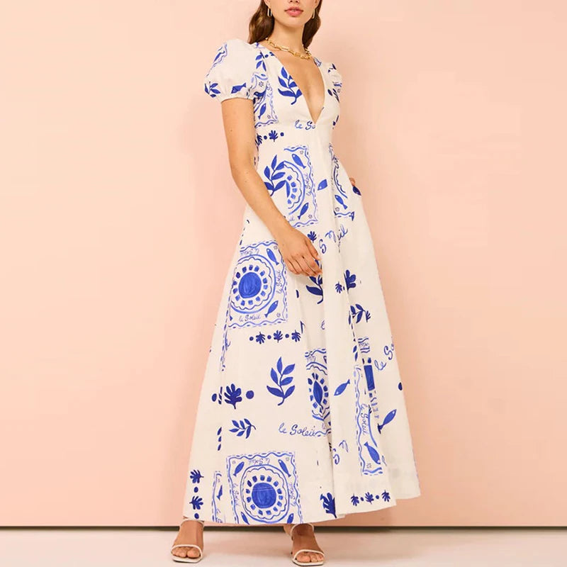 Women V Neck Pattern Print Long Dress Elegant Puff Sleeve High Waist Temperament Party Dress New Cotton Linen Big Hem Slim Dress