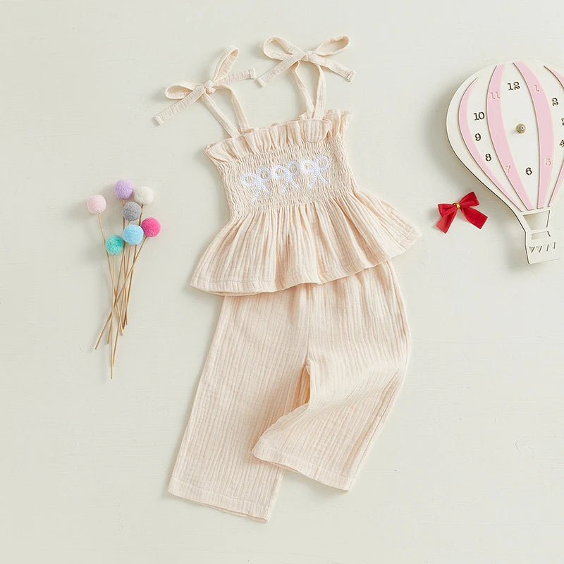 Adorable Toddler Girl Sleeveless Top and Shorts Set with Cute Bow Embroidery Detail - Summer Outfit for Little Princesses