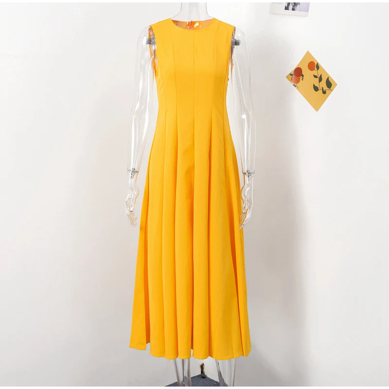 Slim Pleated Zipper Long Dress Women Elegant O-neck Sleeveless High Waist A-line Dresses 2024 New Female Fashion Party Vestidos