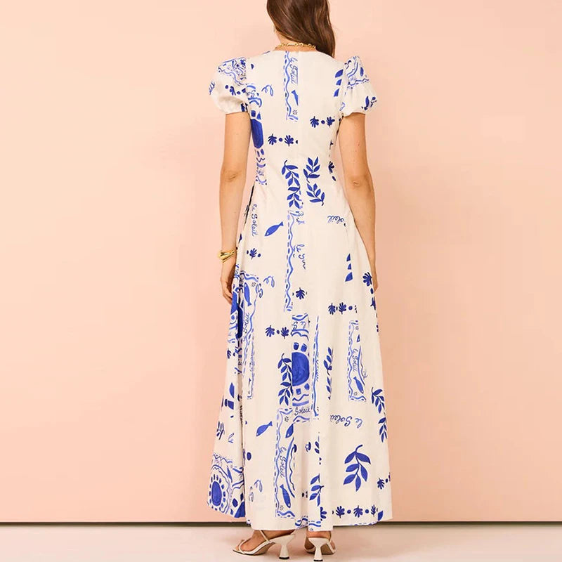 Women V Neck Pattern Print Long Dress Elegant Puff Sleeve High Waist Temperament Party Dress New Cotton Linen Big Hem Slim Dress