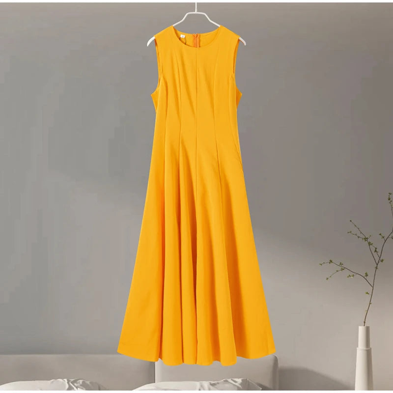 Slim Pleated Zipper Long Dress Women Elegant O-neck Sleeveless High Waist A-line Dresses 2024 New Female Fashion Party Vestidos