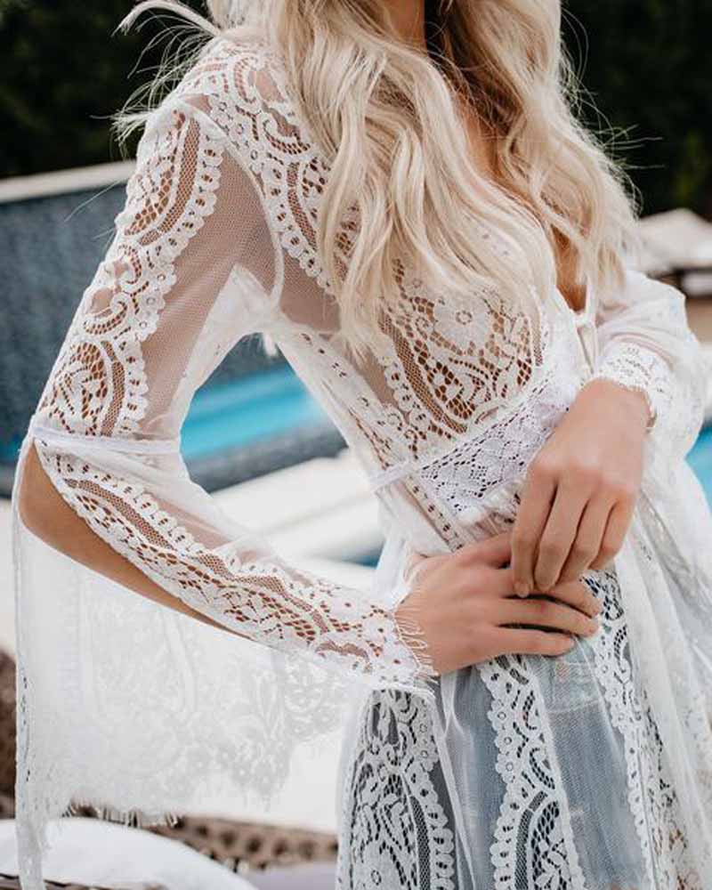 Summer Sexy Bikini Cover Up Cardigan Long Dress Women Long Sleeve Sarong Kaftan Lace Crochet Dress Beach Wear