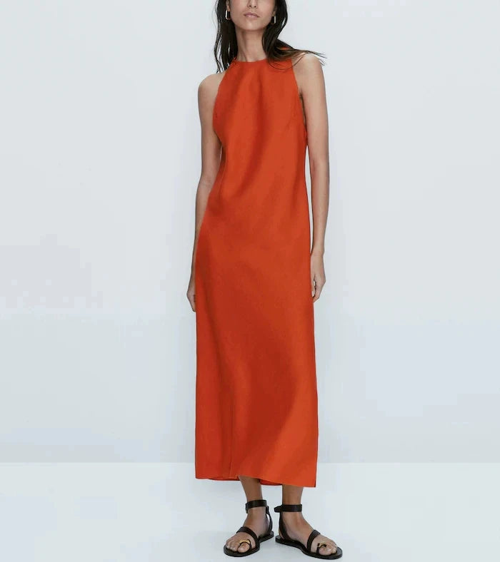ZBZA Women's New Round Neck Sleeveless Side Slit Long Dress Vintage Chic Halter Neck Slim Midi Dresses Female Pullover Sundress