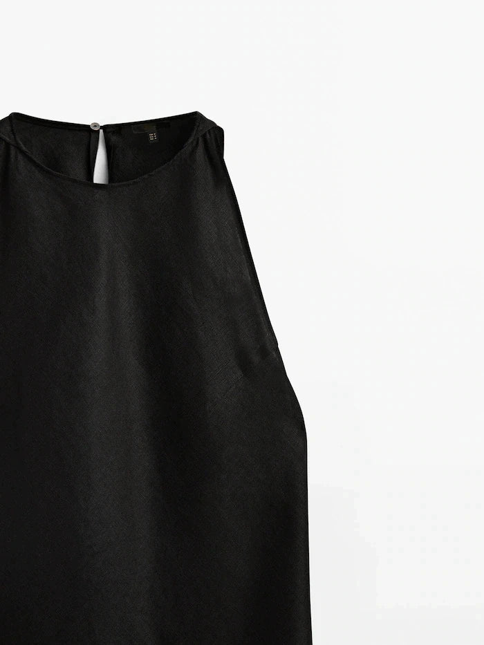 ZBZA Women's New Round Neck Sleeveless Side Slit Long Dress Vintage Chic Halter Neck Slim Midi Dresses Female Pullover Sundress