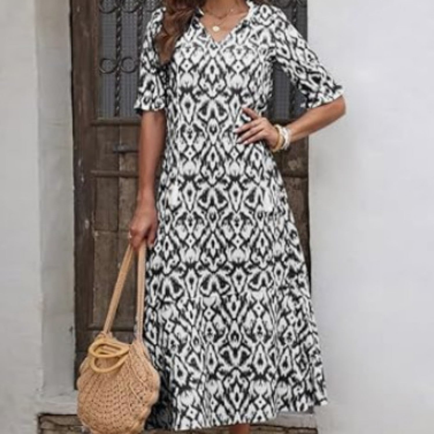 V-neck Printed Hanging Whisker Mid Sleeve Long Dress