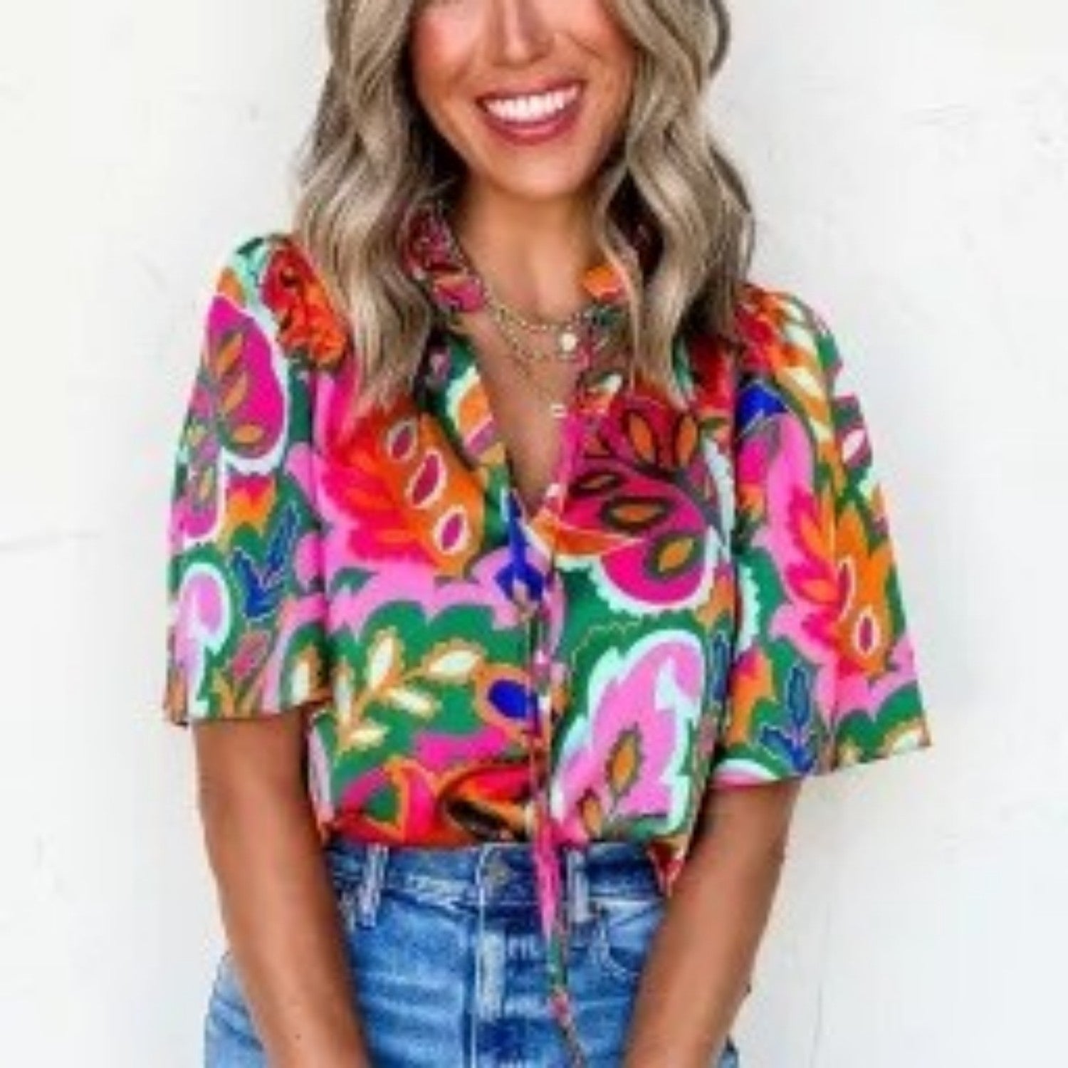 Rose Summer Plant Print Lace Up V Neck Short Sleeve Blouse
