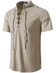 JEMITOP Mens Retro Renaissance Costume Short Sleeve Lace Up Shirts for Pirate Viking Medieval Vampire Halloween Cosplay Clothing Solid Khaki XXL