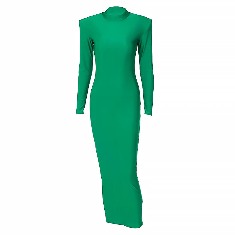 Hawthaw Shoulder Padded Long Sleeve Bodycon Green Party Club Maxi Long Dress 2022 Spring Autumn Women Fashion Elegant  Clothes