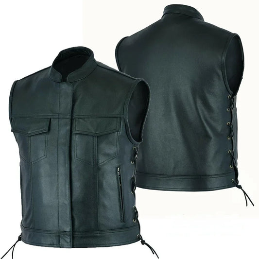 Men's Leather Vest V-neck Single Breasted Zippered Short Sleeveless Top for Men