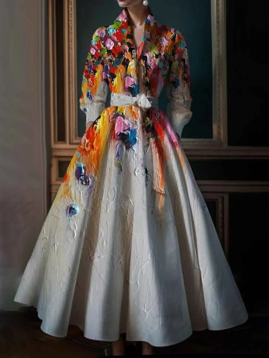 Vintage Floral Printing A-Line Dress Multicolor Turndown Collar Long Sleeve Maxi Long Dress Party Wedding Evening Dress 2025