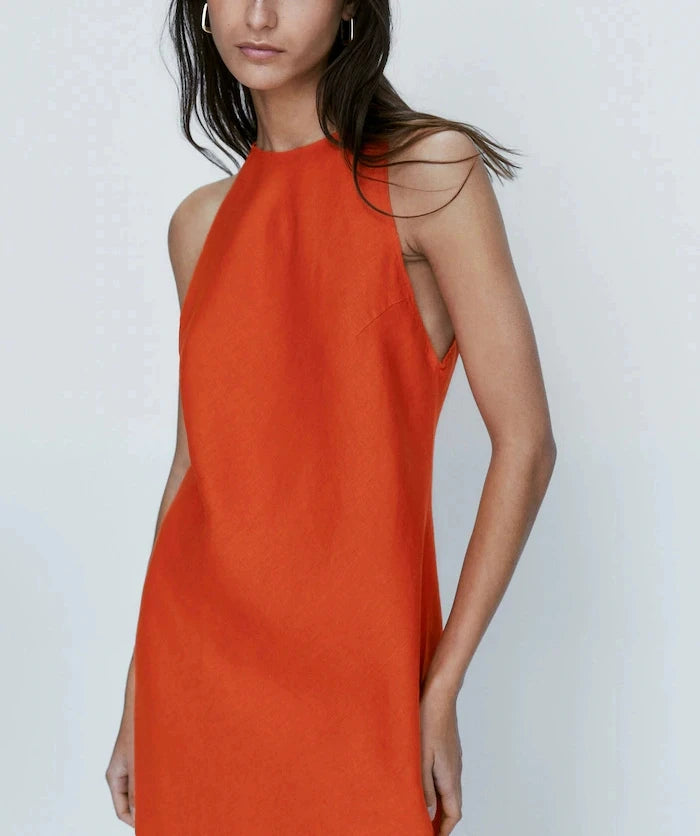 ZBZA Women's New Round Neck Sleeveless Side Slit Long Dress Vintage Chic Halter Neck Slim Midi Dresses Female Pullover Sundress