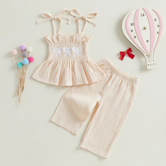 Adorable Toddler Girl Sleeveless Top and Shorts Set with Cute Bow Embroidery Detail - Summer Outfit for Little Princesses